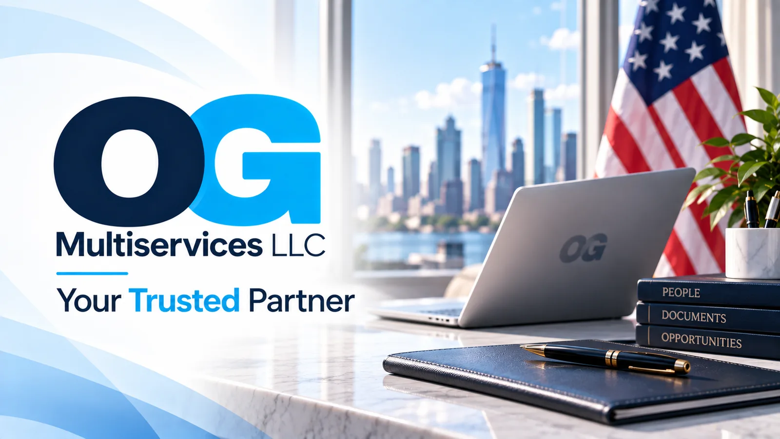 Desk with a laptop and documents, representing OG Multiservices' professional tax, translation, and notary services.